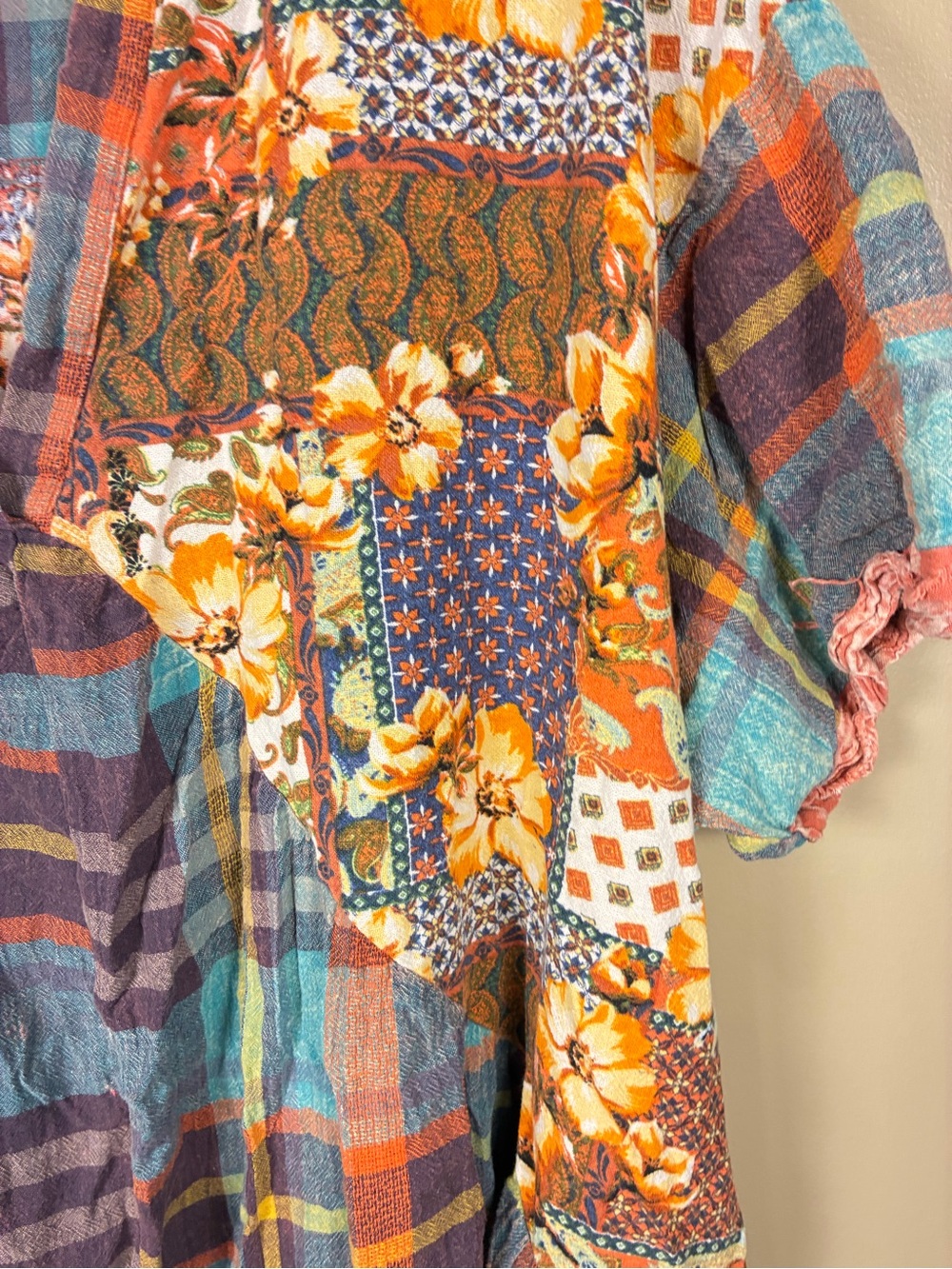 Oil & Hali Floral Patchwork Plaid V Neck Oversized Tunic Dress - Picture 2 of 14